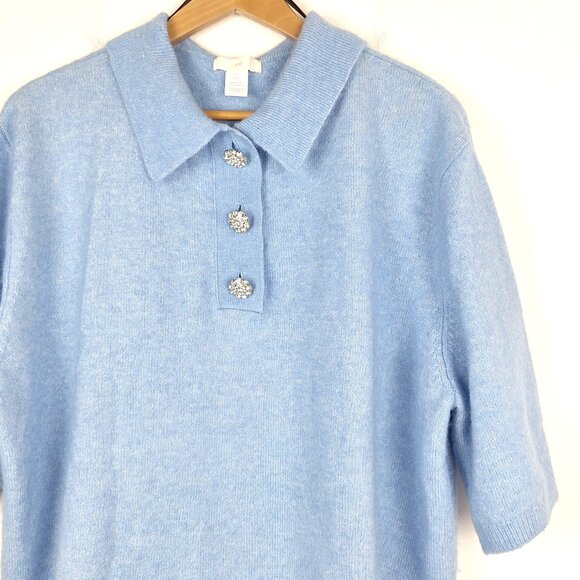 H&M Wool Blend Henley Sweater Size L. Sky Blue Oversized Rhinestone Button - Picture 3 of 15